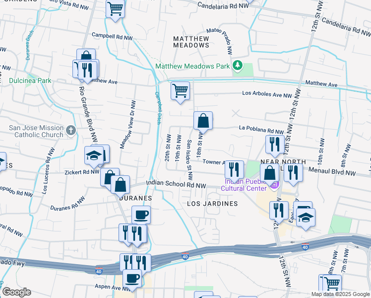 map of restaurants, bars, coffee shops, grocery stores, and more near 2717 San Isidro Drive Northwest in Albuquerque