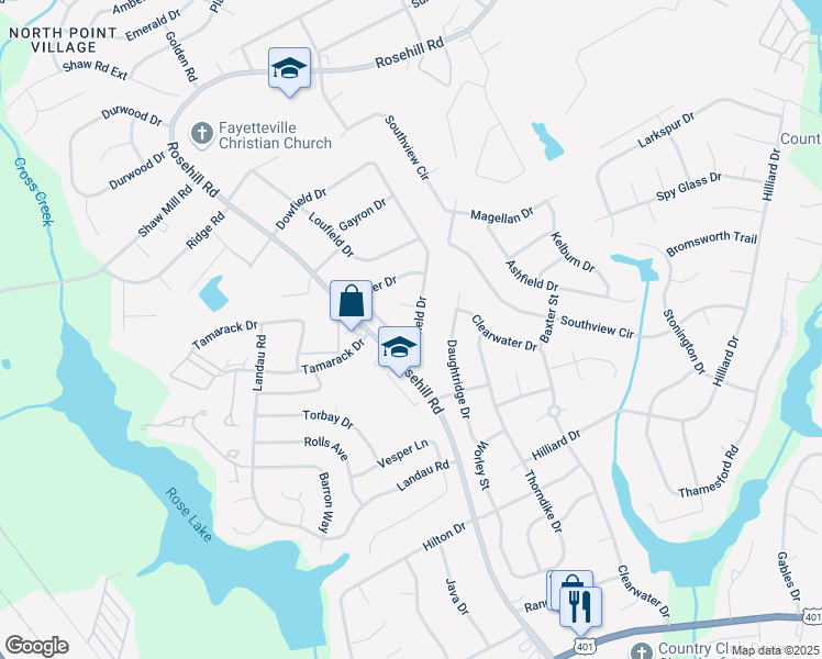 map of restaurants, bars, coffee shops, grocery stores, and more near 621 Dowfield Drive in Fayetteville