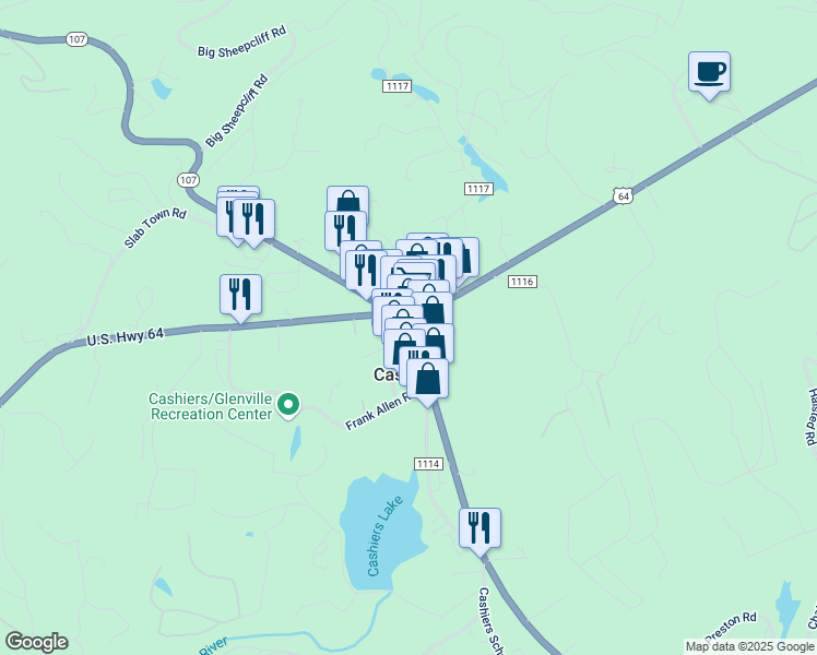 map of restaurants, bars, coffee shops, grocery stores, and more near 51 North Carolina 107 in Cashiers