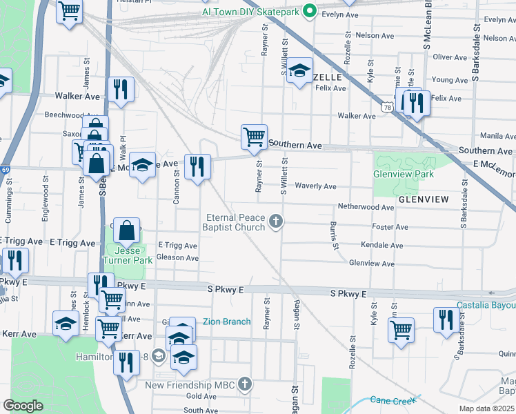 map of restaurants, bars, coffee shops, grocery stores, and more near 1511 Netherwood Avenue in Memphis