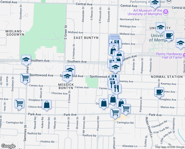 map of restaurants, bars, coffee shops, grocery stores, and more near 3354 Spottswood Avenue in Memphis