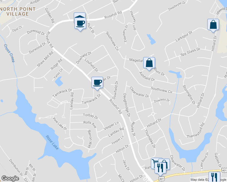 map of restaurants, bars, coffee shops, grocery stores, and more near 621 Dowfield Drive in Fayetteville