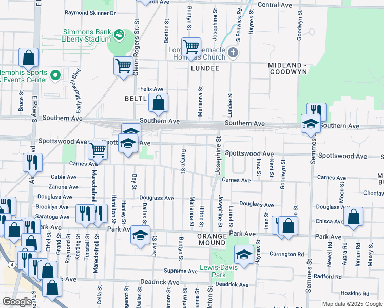 map of restaurants, bars, coffee shops, grocery stores, and more near 677 Marianna Street in Memphis