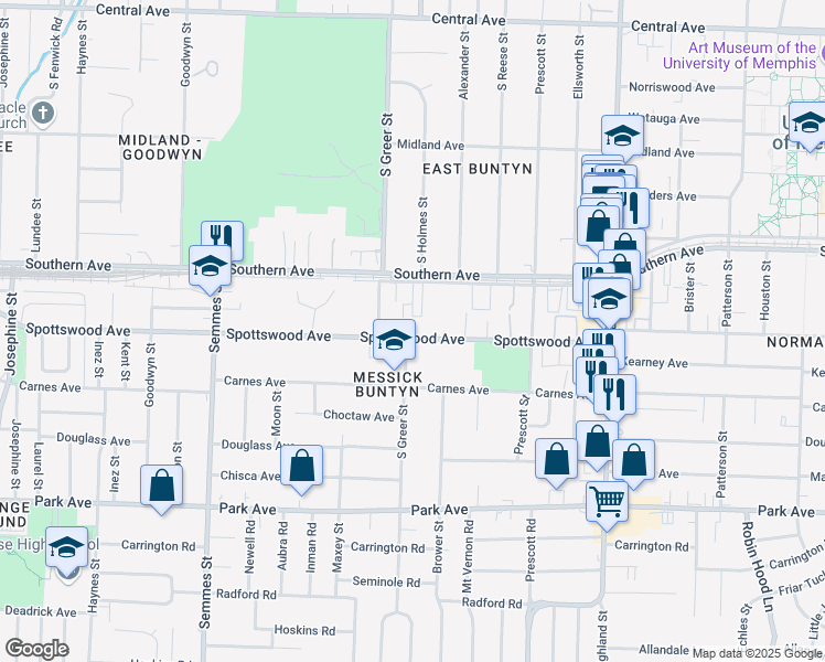 map of restaurants, bars, coffee shops, grocery stores, and more near 3266 Spottswood Avenue in Memphis