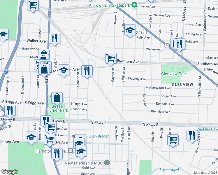 map of restaurants, bars, coffee shops, grocery stores, and more near 1495 Netherwood Avenue in Memphis