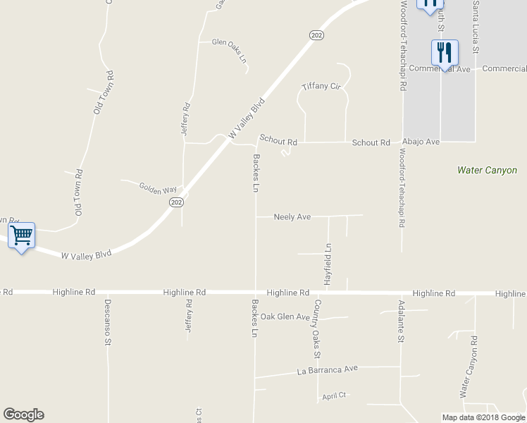 map of restaurants, bars, coffee shops, grocery stores, and more near 20276 Backes Lane in Tehachapi