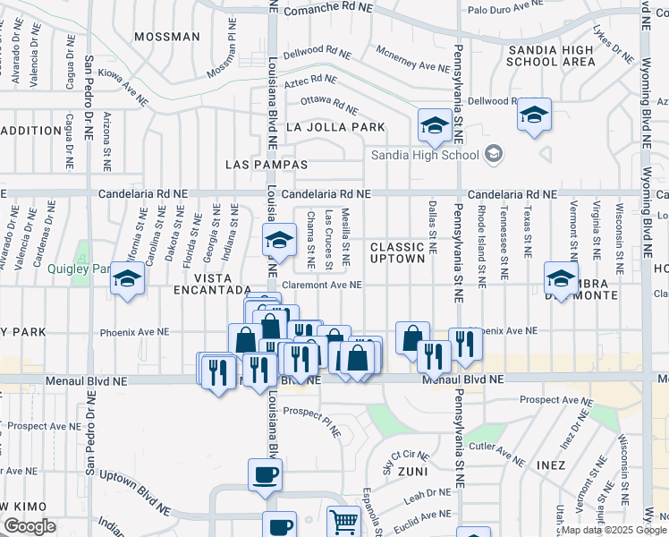 map of restaurants, bars, coffee shops, grocery stores, and more near 2808 Las Cruces Street in Albuquerque