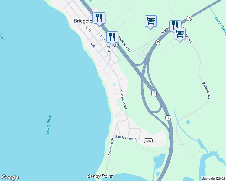 map of restaurants, bars, coffee shops, grocery stores, and more near 117 Bernhurst Road in New Bern