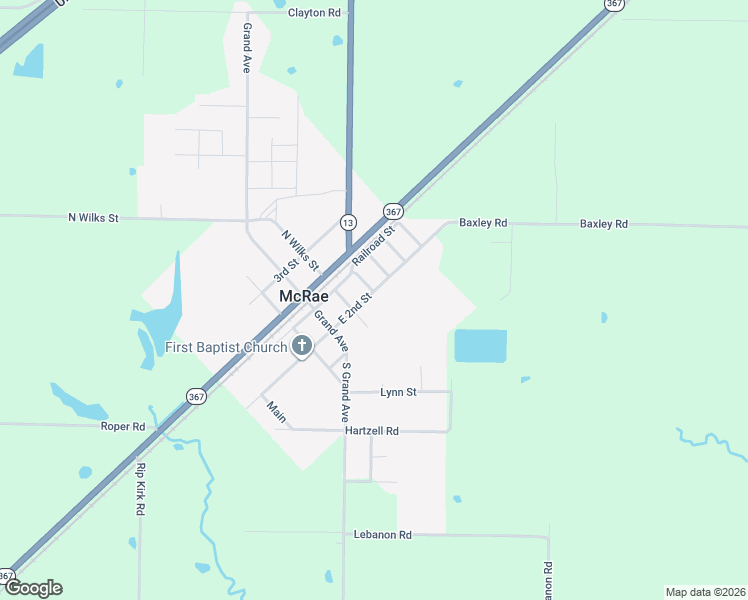 map of restaurants, bars, coffee shops, grocery stores, and more near 401 East 2nd Street in McRae