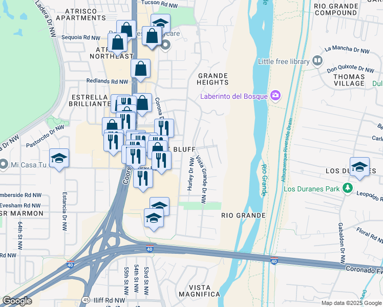 map of restaurants, bars, coffee shops, grocery stores, and more near 2713 Hurley Drive Northwest in Albuquerque