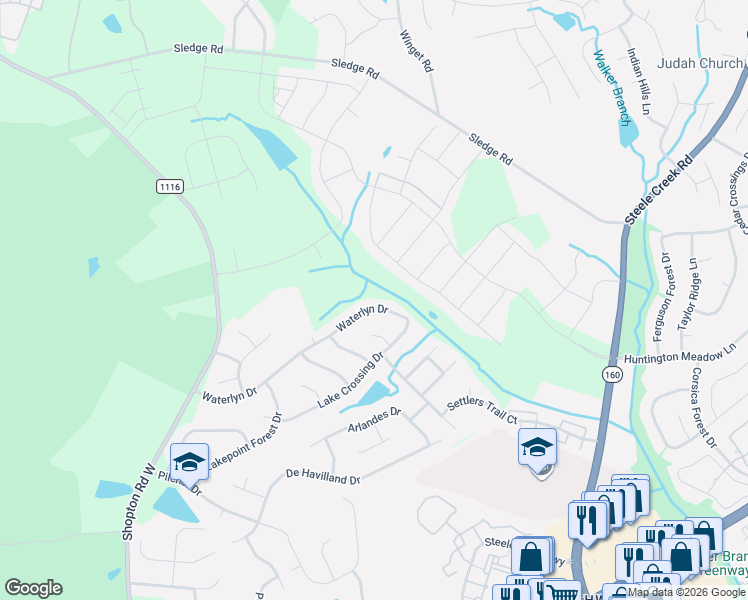 map of restaurants, bars, coffee shops, grocery stores, and more near 14204 Waterlyn Drive in Charlotte