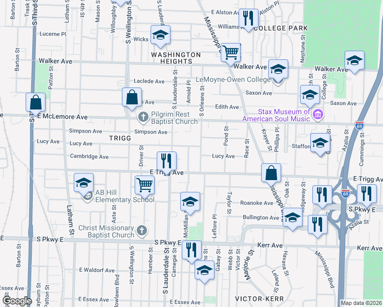 map of restaurants, bars, coffee shops, grocery stores, and more near 1236 Marksman Street in Memphis