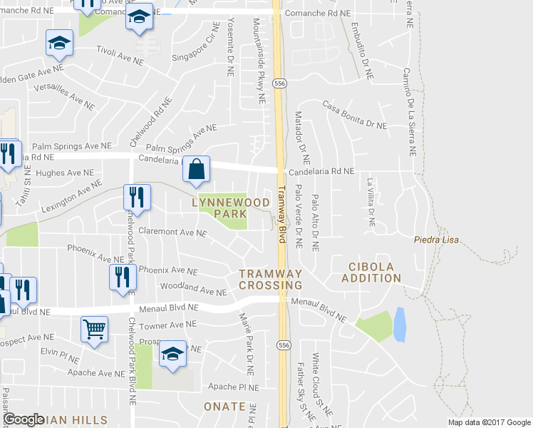 map of restaurants, bars, coffee shops, grocery stores, and more near 2712 Eastridge Drive Northeast in Albuquerque