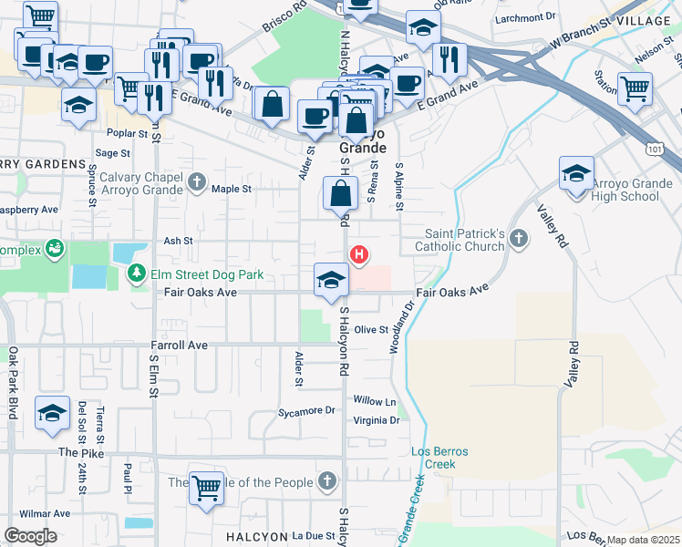 map of restaurants, bars, coffee shops, grocery stores, and more near 366 South Halcyon Road in Arroyo Grande