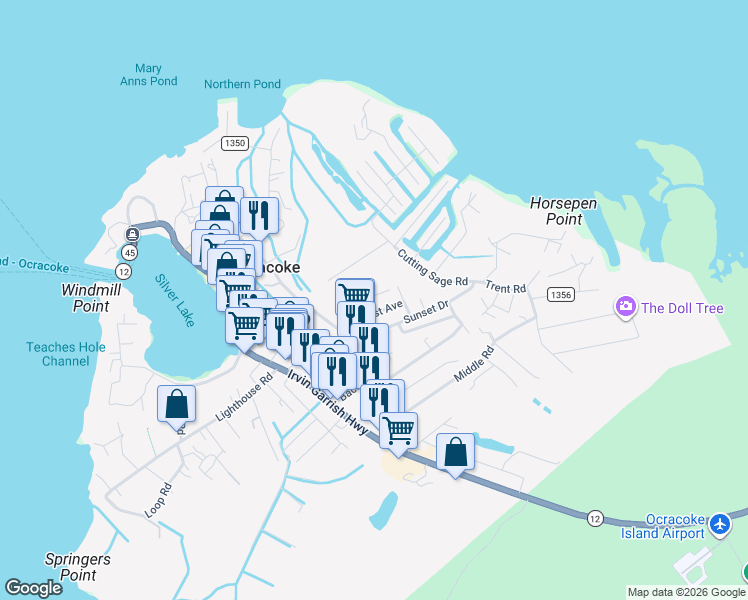 map of restaurants, bars, coffee shops, grocery stores, and more near 142 2nd Avenue in Ocracoke