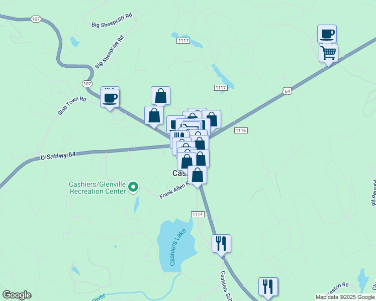 map of restaurants, bars, coffee shops, grocery stores, and more near 51 North Carolina 107 in Cashiers
