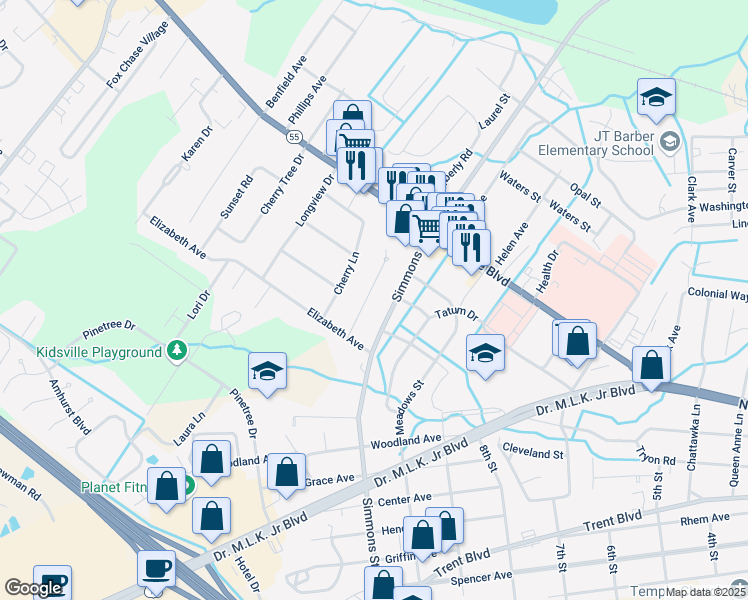 map of restaurants, bars, coffee shops, grocery stores, and more near 1008B Kings Way in New Bern