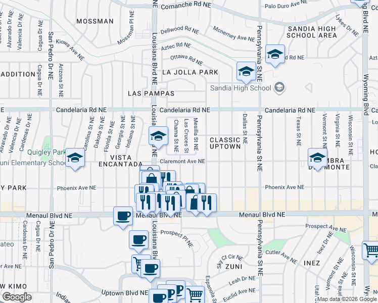 map of restaurants, bars, coffee shops, grocery stores, and more near 2808 Las Cruces Street in Albuquerque