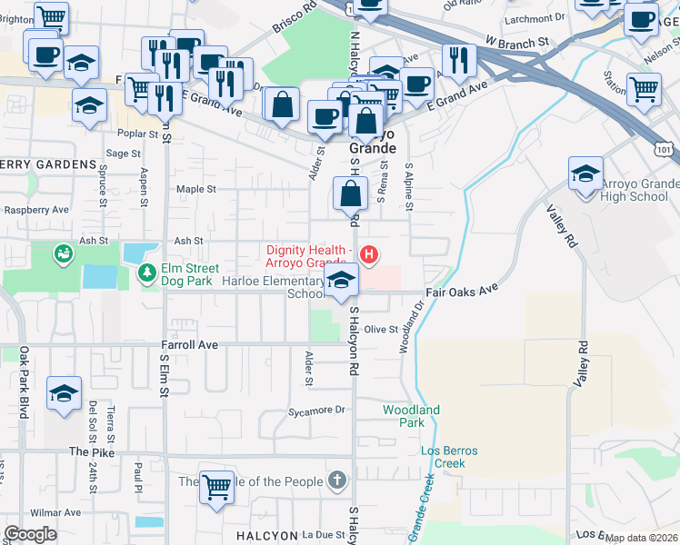 map of restaurants, bars, coffee shops, grocery stores, and more near 354 South Halcyon Road in Arroyo Grande