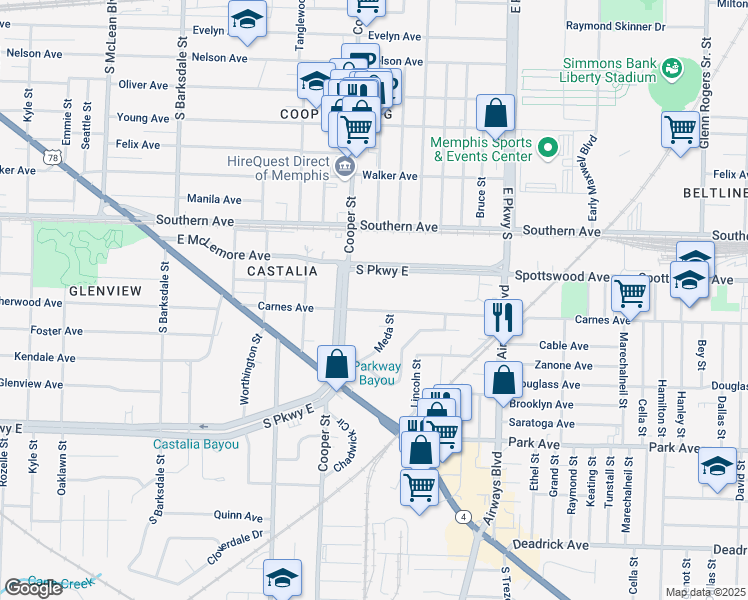 map of restaurants, bars, coffee shops, grocery stores, and more near 2186 Carnes Avenue in Memphis