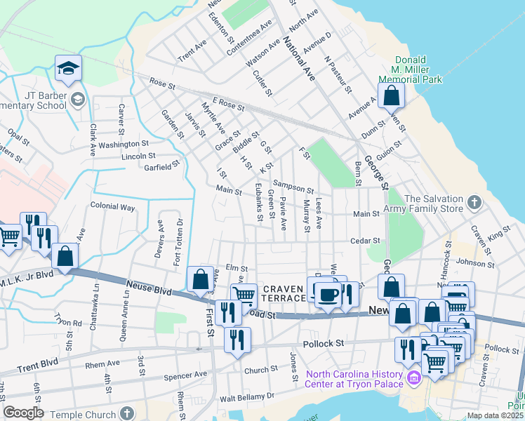map of restaurants, bars, coffee shops, grocery stores, and more near 824 Eubanks Street in New Bern