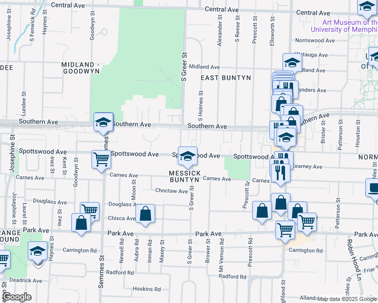 map of restaurants, bars, coffee shops, grocery stores, and more near 3266 Spottswood Avenue in Memphis