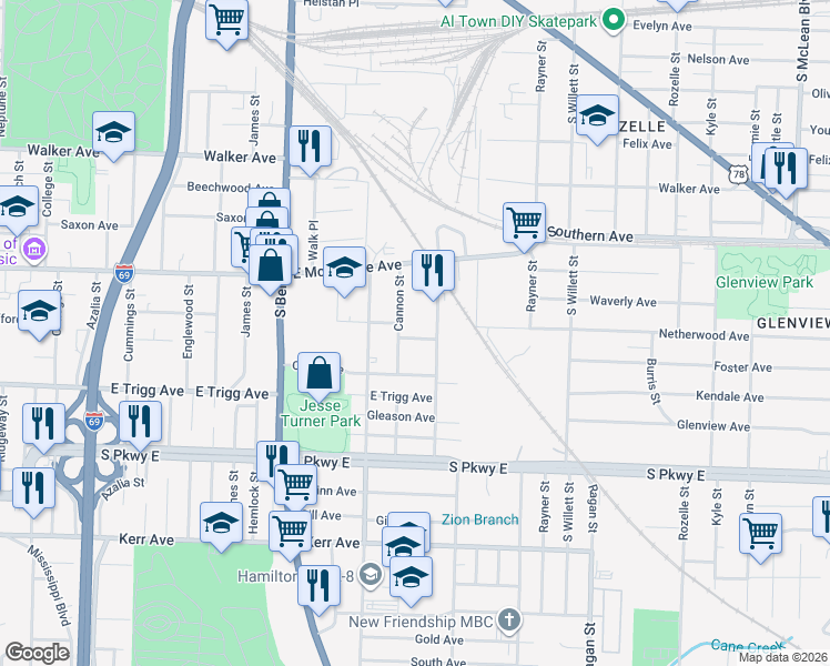 map of restaurants, bars, coffee shops, grocery stores, and more near 1370 Dow Place in Memphis