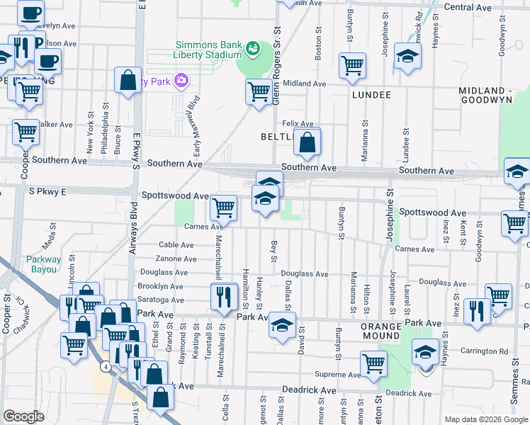 map of restaurants, bars, coffee shops, grocery stores, and more near 680 Hanley Street in Memphis