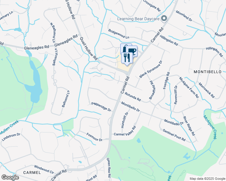 map of restaurants, bars, coffee shops, grocery stores, and more near 4301 Singingwood Lane in Charlotte