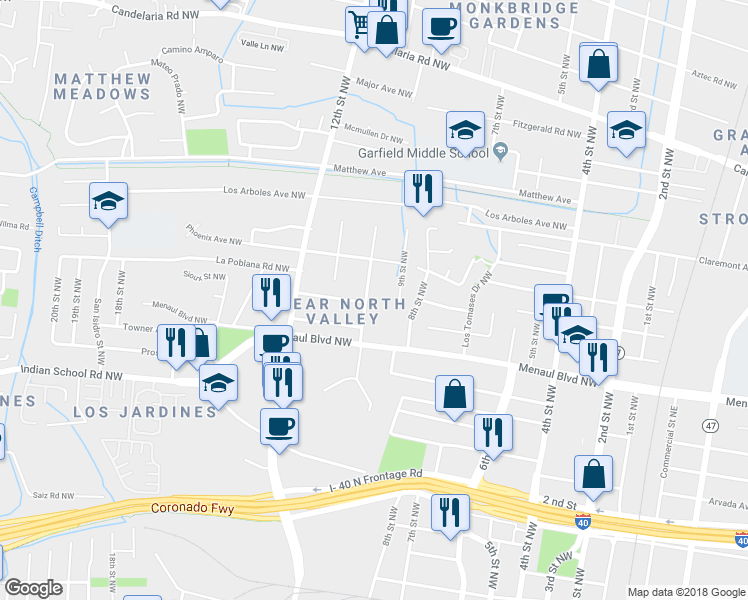 map of restaurants, bars, coffee shops, grocery stores, and more near 3000 10th Street Northwest in Albuquerque