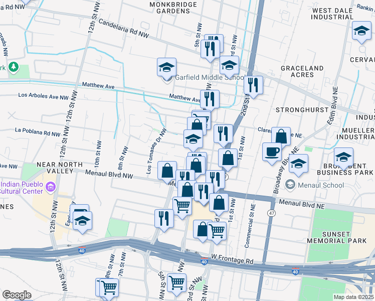 map of restaurants, bars, coffee shops, grocery stores, and more near 410 Phoenix Avenue Northwest in Albuquerque