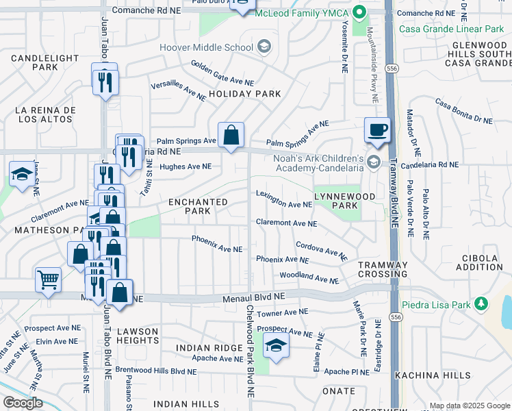 map of restaurants, bars, coffee shops, grocery stores, and more near 2612 Chelwood Park Boulevard Northeast in Albuquerque