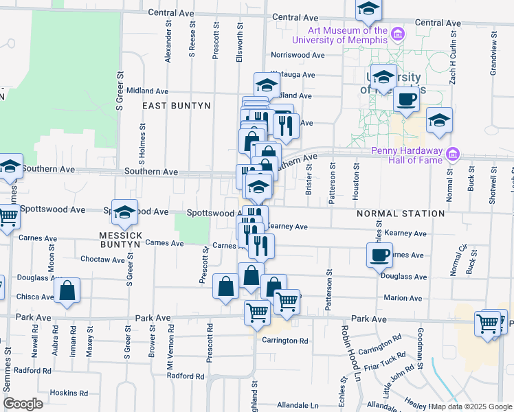 map of restaurants, bars, coffee shops, grocery stores, and more near 663 S Highland St in Memphis