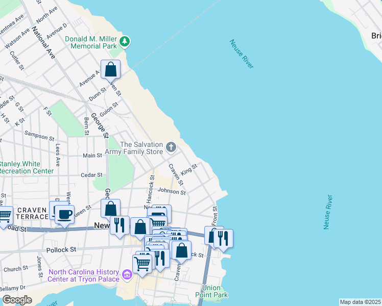 map of restaurants, bars, coffee shops, grocery stores, and more near 750 East Front Street in New Bern
