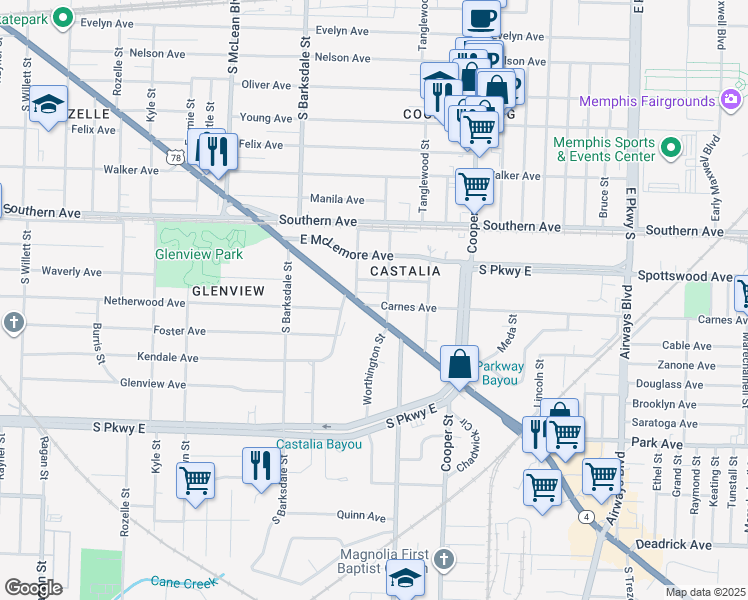 map of restaurants, bars, coffee shops, grocery stores, and more near 2012 Carnes Avenue in Memphis