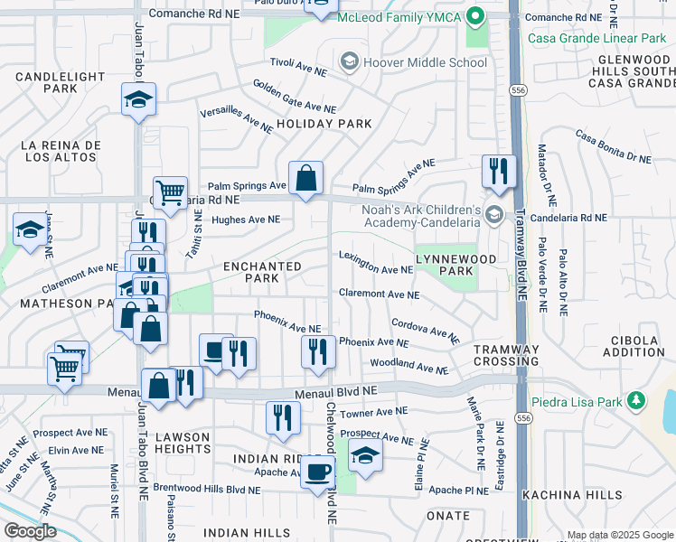 map of restaurants, bars, coffee shops, grocery stores, and more near 2612 Chelwood Park Boulevard Northeast in Albuquerque