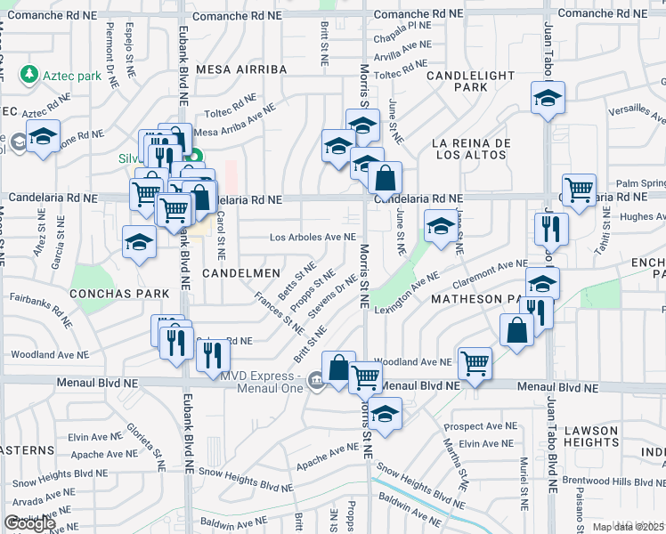 map of restaurants, bars, coffee shops, grocery stores, and more near 10234 Propps Street Northeast in Albuquerque