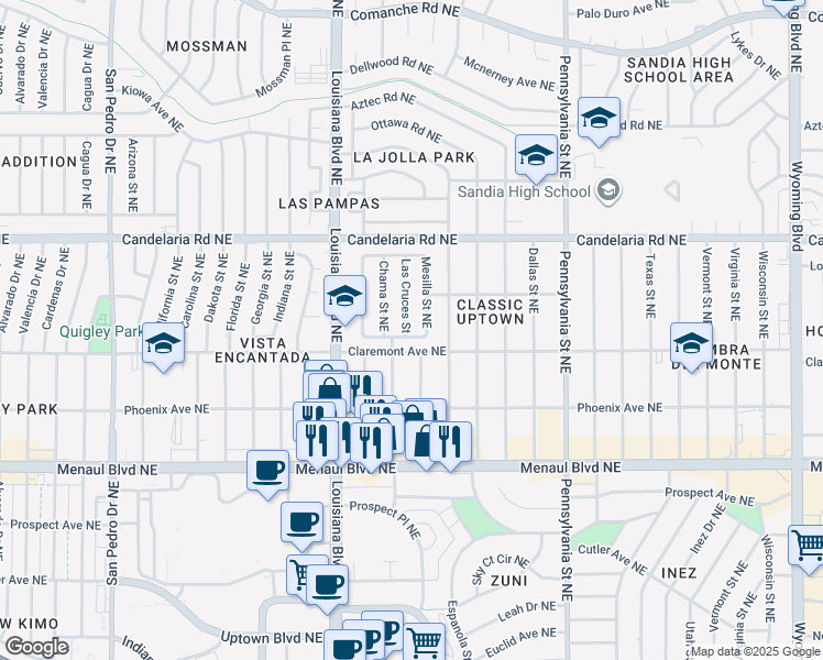 map of restaurants, bars, coffee shops, grocery stores, and more near 2808 Las Cruces Street in Albuquerque