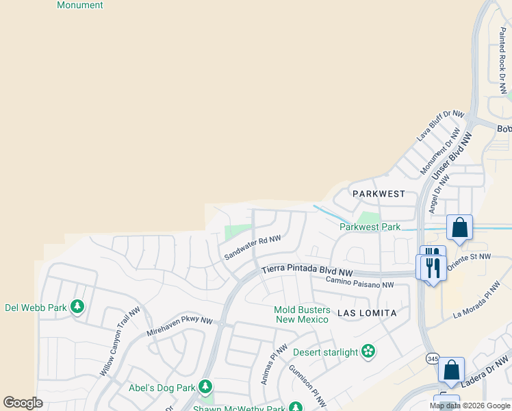 map of restaurants, bars, coffee shops, grocery stores, and more near 8705 Mesa Rain Road Northwest in Albuquerque