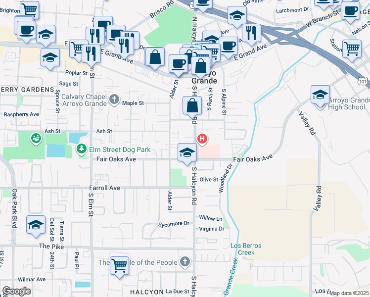 map of restaurants, bars, coffee shops, grocery stores, and more near 368 South Halcyon Road in Arroyo Grande