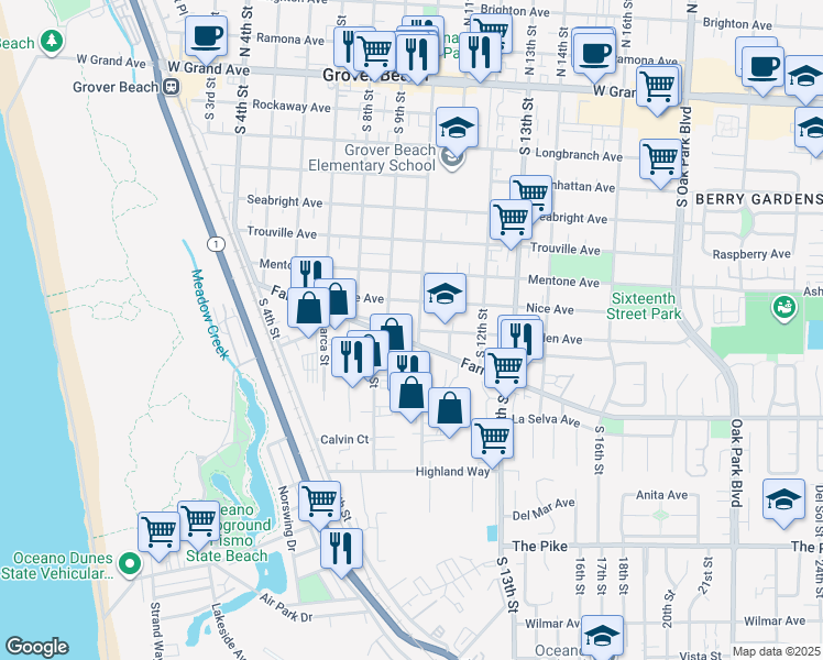 map of restaurants, bars, coffee shops, grocery stores, and more near 889 South 10th Street in Grover Beach