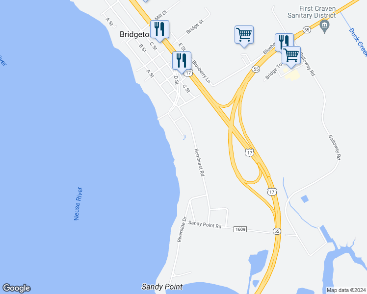 map of restaurants, bars, coffee shops, grocery stores, and more near 117 Bernhurst Road in New Bern