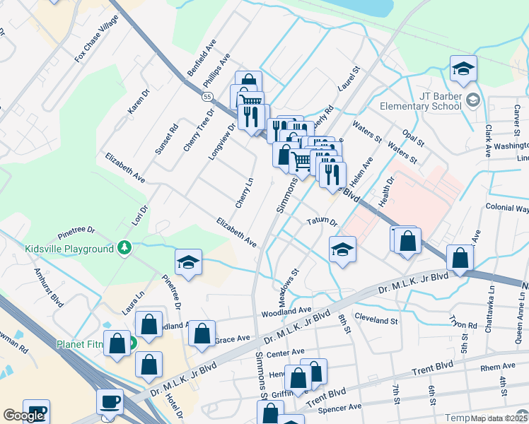 map of restaurants, bars, coffee shops, grocery stores, and more near 1008B Kings Way in New Bern