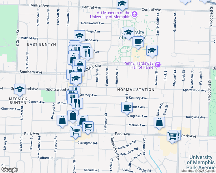 map of restaurants, bars, coffee shops, grocery stores, and more near 657 Patterson Street in Memphis