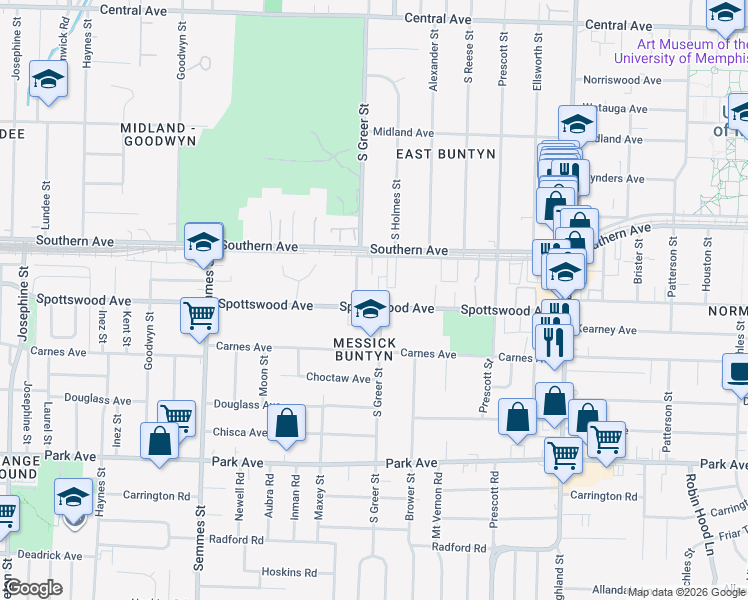 map of restaurants, bars, coffee shops, grocery stores, and more near 3266 Spottswood Avenue in Memphis
