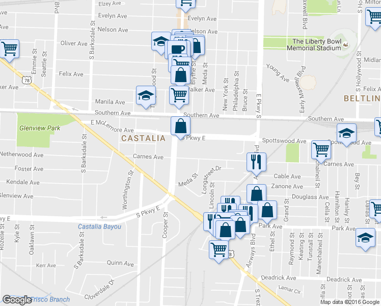 map of restaurants, bars, coffee shops, grocery stores, and more near 2186 Carnes Avenue in Memphis