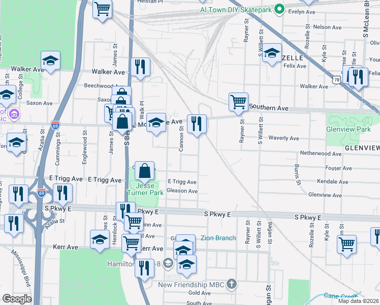 map of restaurants, bars, coffee shops, grocery stores, and more near 1370 Dow Place in Memphis