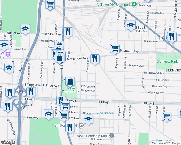 map of restaurants, bars, coffee shops, grocery stores, and more near 1370 Dow Place in Memphis
