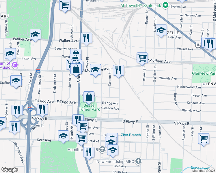 map of restaurants, bars, coffee shops, grocery stores, and more near 1210 Wilson Street in Memphis