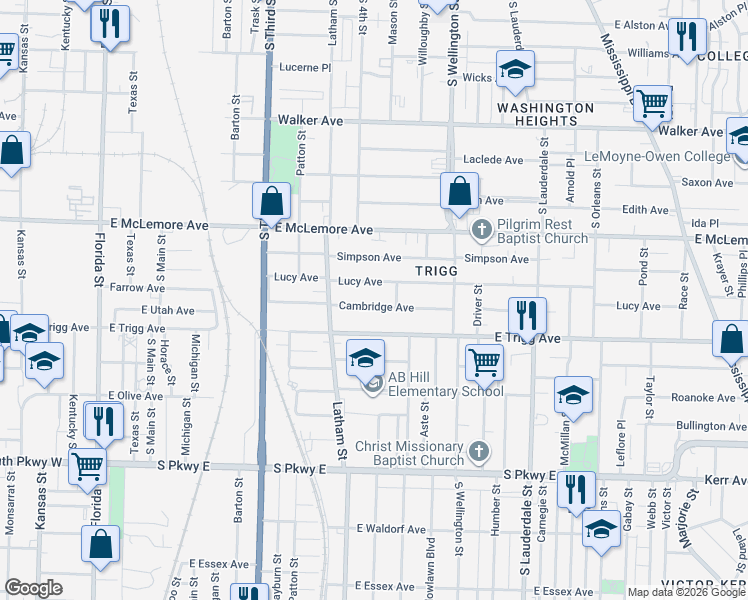 map of restaurants, bars, coffee shops, grocery stores, and more near 340 Cambridge Avenue in Memphis